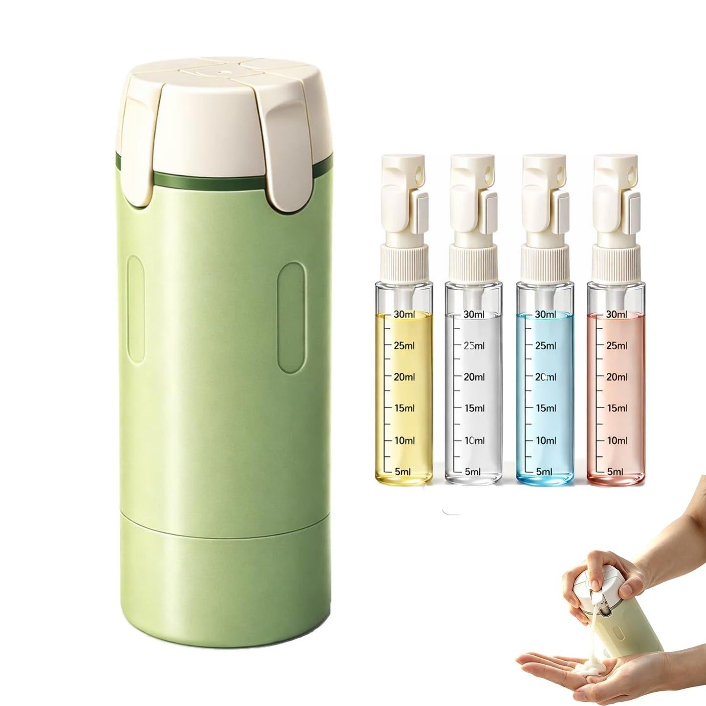 4 in 1 Travel Dispenser, Travel Bottles for Toiletries, No Squeeze Press Dispenser 30ML Leak Proof Travel Containers, Portable Refillable Shampoo Lotion Conditioner Bottles with Labels(1Green)