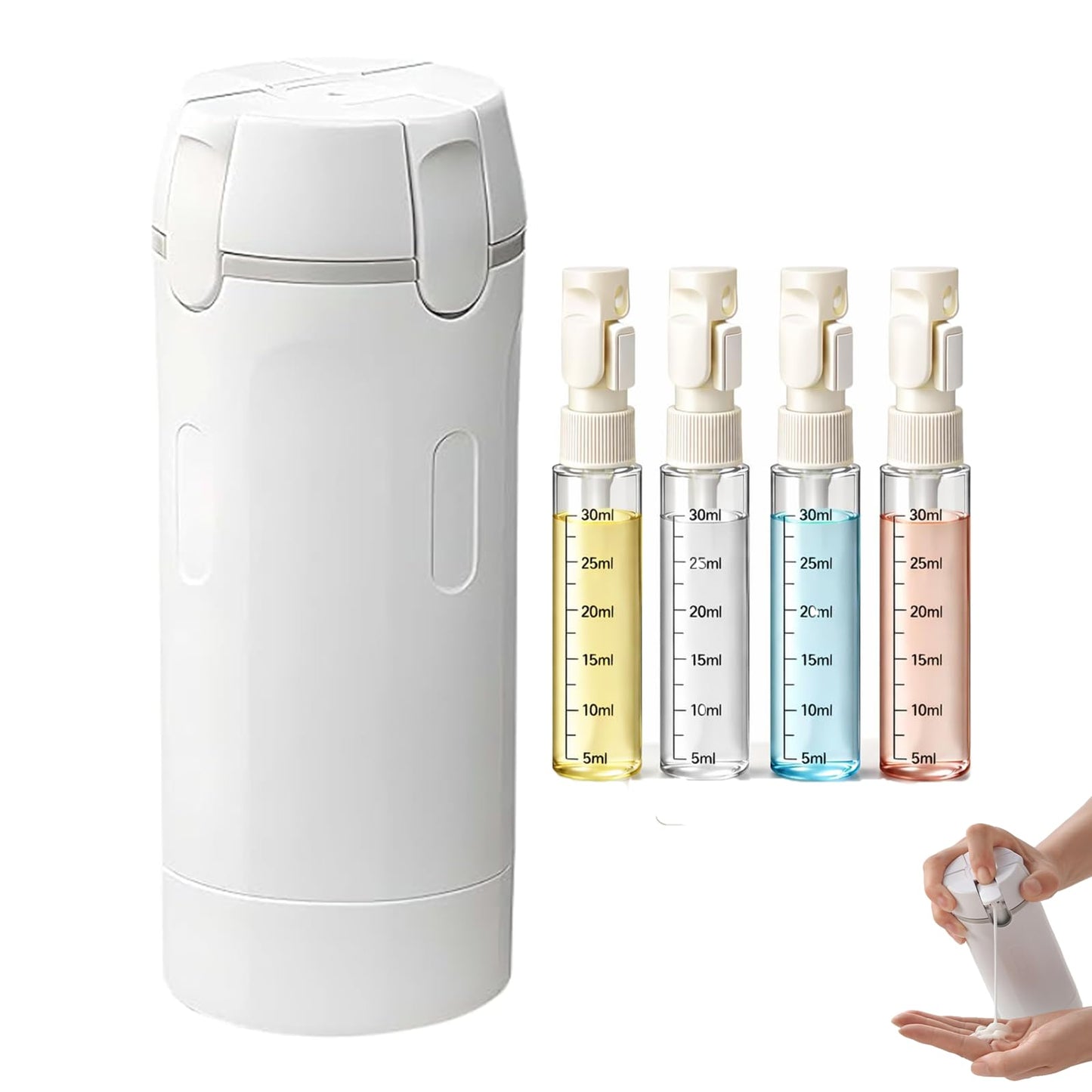 4 in 1 Travel Dispenser, Travel Bottles for Toiletries, No Squeeze Press Dispenser 30ML Leak Proof Travel Containers, Portable Refillable Shampoo Lotion Conditioner Bottles with Labels(1Green)