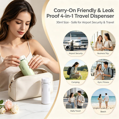 4 in 1 Travel Dispenser, Travel Bottles for Toiletries, No Squeeze Press Dispenser 30ML Leak Proof Travel Containers, Portable Refillable Shampoo Lotion Conditioner Bottles with Labels(1Green)