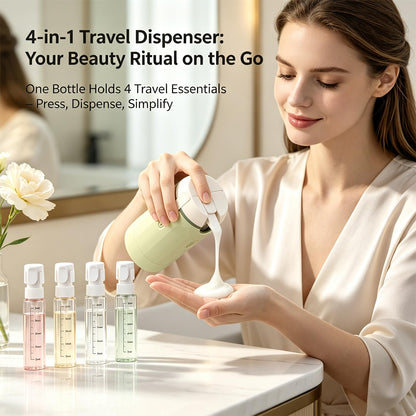 4 in 1 Travel Dispenser, Travel Bottles for Toiletries, No Squeeze Press Dispenser 30ML Leak Proof Travel Containers, Portable Refillable Shampoo Lotion Conditioner Bottles with Labels(1Green)