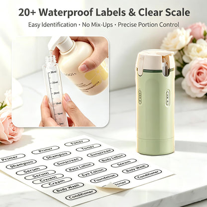 4 in 1 Travel Dispenser, Travel Bottles for Toiletries, No Squeeze Press Dispenser 30ML Leak Proof Travel Containers, Portable Refillable Shampoo Lotion Conditioner Bottles with Labels(1Green)