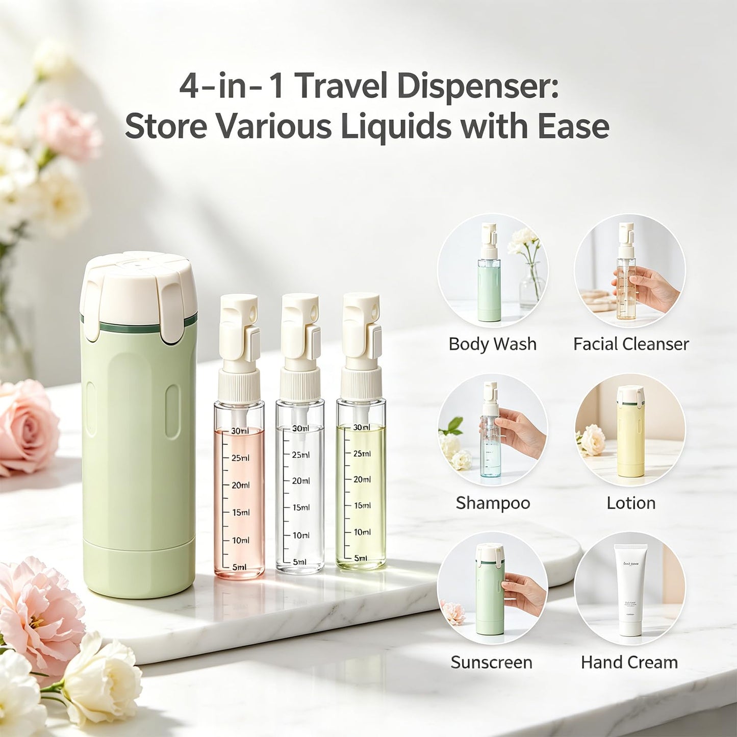 4 in 1 Travel Dispenser, Travel Bottles for Toiletries, No Squeeze Press Dispenser 30ML Leak Proof Travel Containers, Portable Refillable Shampoo Lotion Conditioner Bottles with Labels(1Green)