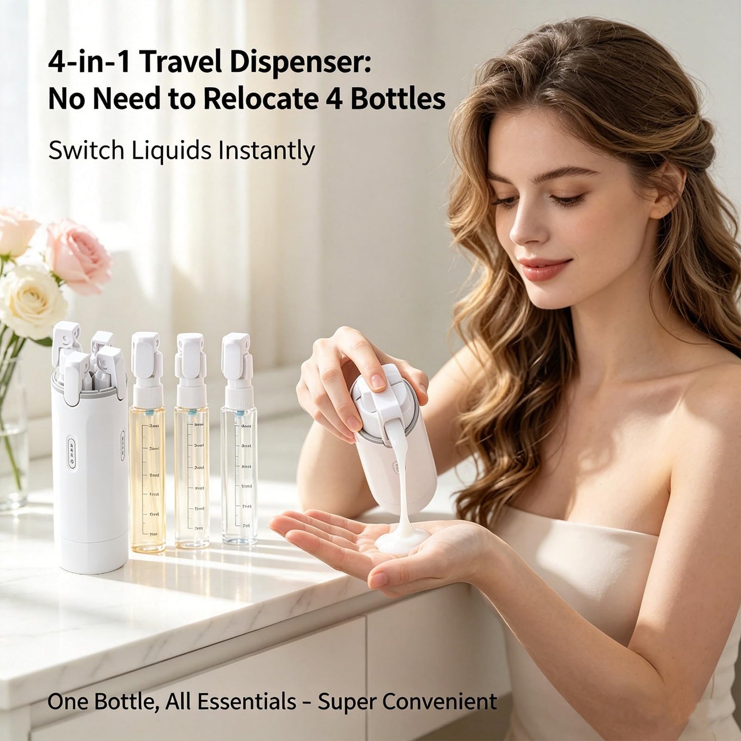 4 in 1 Travel Dispenser, Travel Bottles for Toiletries, No Squeeze Press Dispenser 30ML Leak Proof Travel Containers, Portable Refillable Shampoo Lotion Conditioner Bottles with Labels(1Green)