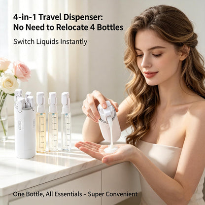 4 in 1 Travel Dispenser, Travel Bottles for Toiletries, No Squeeze Press Dispenser 30ML Leak Proof Travel Containers, Portable Refillable Shampoo Lotion Conditioner Bottles with Labels(1Green)
