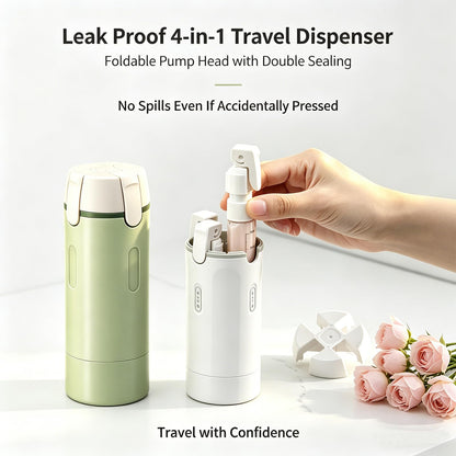 4 in 1 Travel Dispenser, Travel Bottles for Toiletries, No Squeeze Press Dispenser 30ML Leak Proof Travel Containers, Portable Refillable Shampoo Lotion Conditioner Bottles with Labels(1Green)