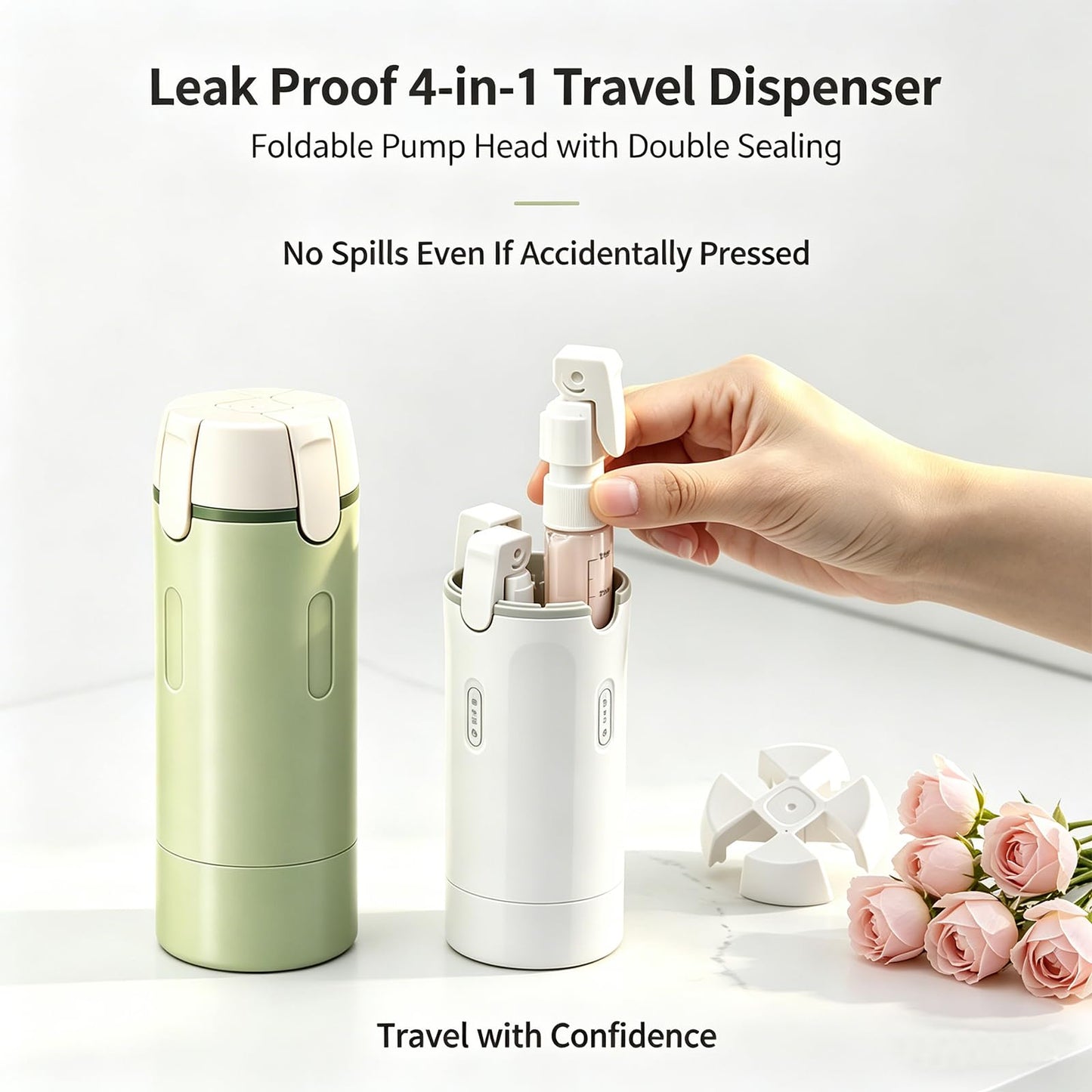 4 in 1 Travel Dispenser, Travel Bottles for Toiletries, No Squeeze Press Dispenser 30ML Leak Proof Travel Containers, Portable Refillable Shampoo Lotion Conditioner Bottles with Labels(1Green)
