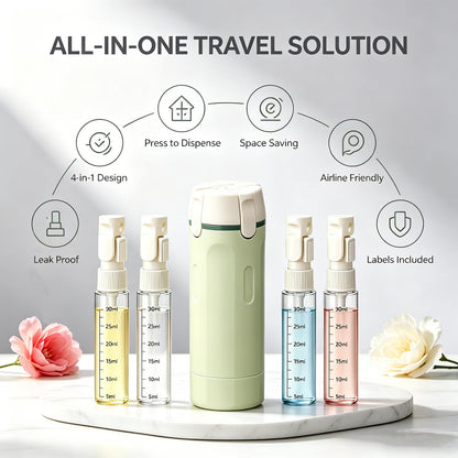 4 in 1 Travel Dispenser, Travel Bottles for Toiletries, No Squeeze Press Dispenser 30ML Leak Proof Travel Containers, Portable Refillable Shampoo Lotion Conditioner Bottles with Labels(1Green)